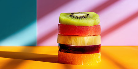 Fruits stack tower mixed juice sliced exotic fruits forming geometric tower, minimal pastel background, high-contrast shadows.の素材