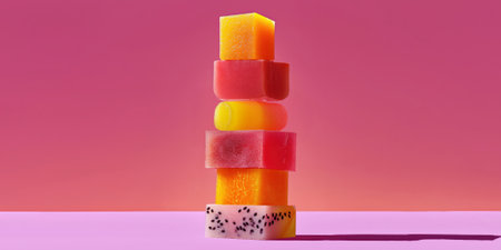 Creative food art, colorful stack of perfectly sliced exotic fruits forming geometric towerの素材