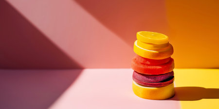 Creative food art, colorful stack of perfectly sliced exotic fruits forming geometric tower, minimal pastel background, dramatic lighting, high-contrast shadows.の素材