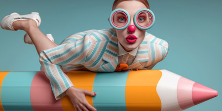 Cheerful businesswoman wearing oversized clown glasses, balancing on a giant pencil in bright office, pastel tones, clean backgroundの素材