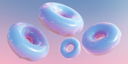 Floating blue glazed donuts levitating in soft pink pastel space.の素材