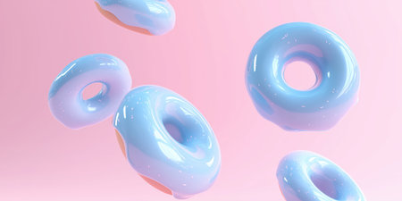 delicious blue donuts floating on color background.の素材