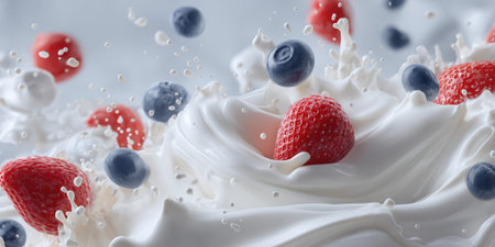scene of creamy yogurt swirl splashing with fresh fruits spinning in mid-air.の素材