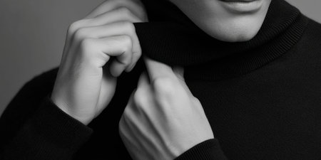 Close-up of a man in a sweater on a studio backgroundの素材