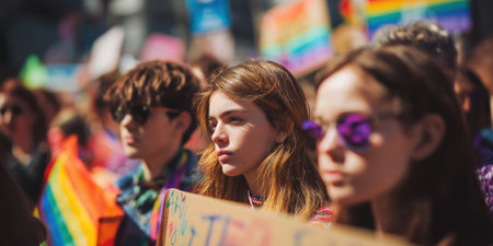 A crowd of non-binary and LGBTQ activists on a city street with rainbow flags and banners. The struggle for equality.の素材