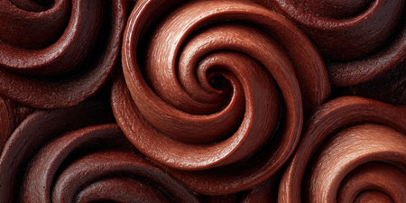 Extreme close-up of glossy chocolate mousse with glossy topping swirls, rich texture details.の素材