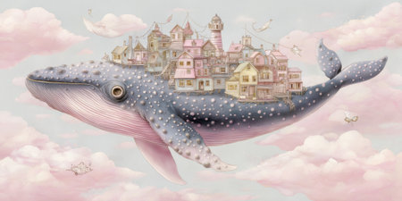Whimsical watercolor illustration of a giant blue whale carrying a small charming village with colorful houses and striped lighthouse on its back.の素材