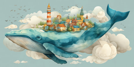 watercolor illustration of a giant blue whale carrying on its back a small charming village with colorful houses and a striped lighthouse.の素材