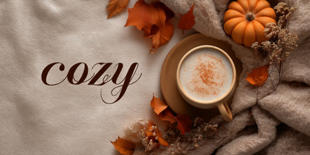 The text "COZY" on the background of an autumn drink in a cup on an autumn background with pumpkins, orange fallen leaves, autumn clothes, scarves.の素材