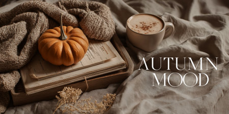 lettering AUTUMN MOOD in elegant font on a pumpkin background, scarf, book and warm drink in flatlay, cozy autumn tones,の素材