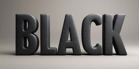 Bold 3D letters spelling BLACK, made of matte leather and graphite textures, deep shadows, isolated on smooth light gray background.の素材