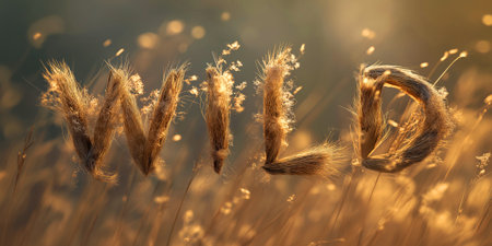 3D rugged text WILD, filled with tall wild grass, feathers, silhouettes of animals in motion.の素材