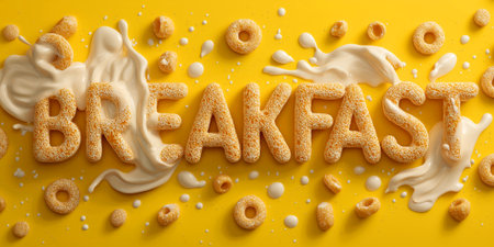 BREAKFAST in bold round text, filled with cereal, splashes of milk and steam from coffee, warm yellow-white background.の素材