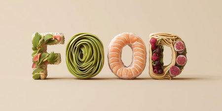 glossy FOOD text, each of which has a different exquisite texture: avocado rose, pasta in sauce, sushi roll, berry pieの素材