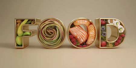 glossy FOOD text, each of which has a different exquisite texture: avocado rose, pasta in sauce, sushi roll.の素材