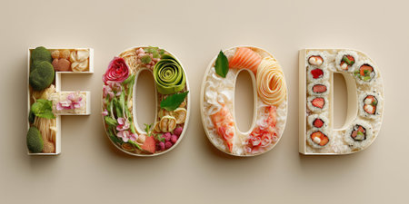 FOOD in 3D glossy letters, each filled with different gourmet textures: avocado rose, pasta swirl, sushi roll, berry tart.の素材