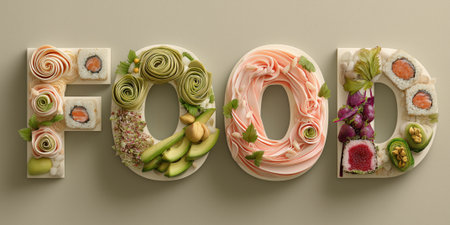 glossy FOOD text, each of which has a different exquisite texture: avocado rose, pasta in sauce, sushi roll, berry pieの素材