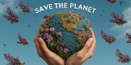 SAVE THE PLANET placed over hands holding a globe made from recycled materials and wildflowers, background of sky with birds.の素材