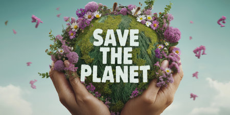 The text SAVE THE PLANET is placed on top of hands holding a globe made of recycled materials and wildflowers against a sky with birds.の素材