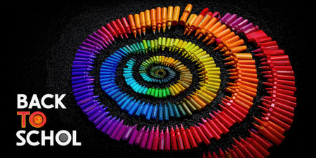 BACK TO SCHOOL bold colorful text over a top view of stationary items arranged in a spiral galaxy shape.の素材