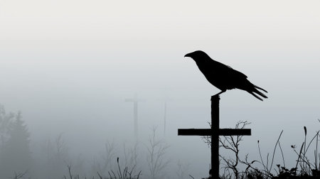 Silhouette of a crow sitting on a rusty iron cross in a graveyard.の素材