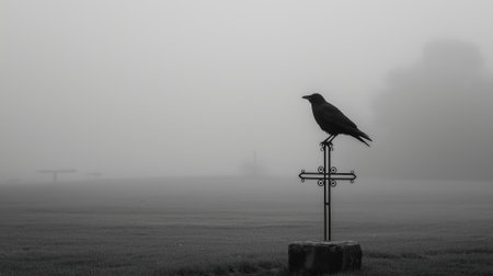 Single crow perched on iron cross, minimalist graveyard fade into fog, negative space design.の素材