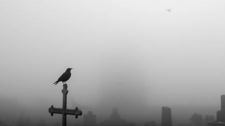 panoramic banner of a lone crow perched on an iron cross, a minimalistic cemetery lost in the fog.の素材