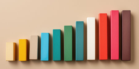 Bar chart made of colored wooden blocks on beige background, business growth concept, flatlayの素材