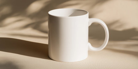 The white ceramic mug is insulated on a neutral background with soft natural shadows, ready for applying a logo or text.の素材