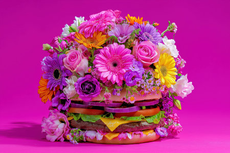 burger with a bouquet of flowers instead of cutlets on a pink background.の素材
