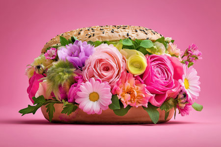 A burger stuffed with fresh flowers. Delicious, diet food on pastel pink background. Creative light healthy meal conceptの素材