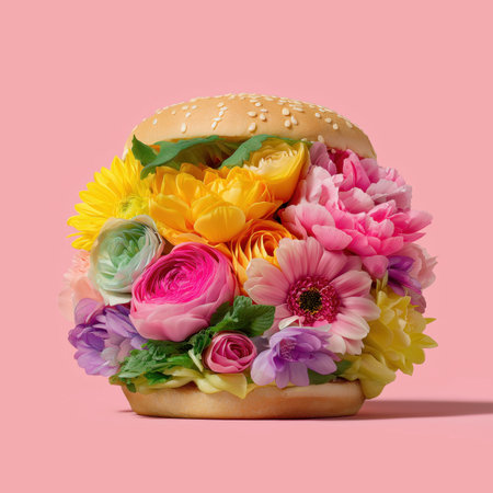 surreal hamburger made of colorful fresh flowers instead of meat.の素材