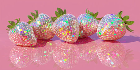 Reflective disco-style strawberries create a bright and playful image on a pink background.の素材