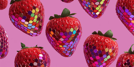 Disco mirror, berry, strawberry on pink isolated background.の素材