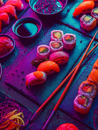 Colorful Asian fusion food spread on dark slate, sushi rolls, chopsticks, vibrant sauces, neon light accents.の素材