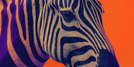 A close-up of a zebra's eye with a bold retro gradient overlay of orange, purple, high contrast, panoramic bannerの素材