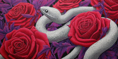 detailed photo of a white snake wrapping around red roses.の素材