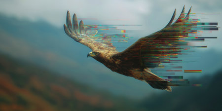 An eagle with a glitch effect in flight, against a blurred mountain landscape.の素材