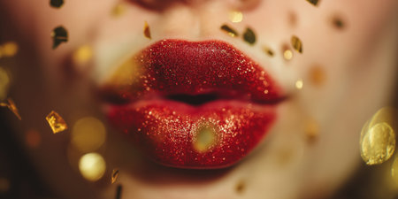 Close-up of red glitter lips with golden foil flakes.の素材