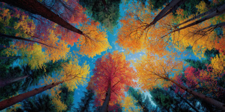 upward panoramic shot of colorful autumn trees with golden and red foliage under clear sky.の素材