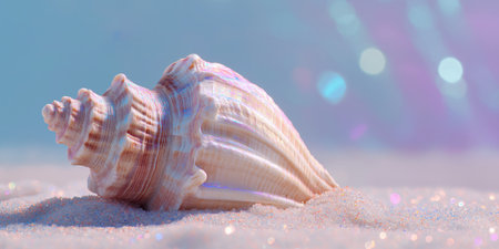 natural conch shell with visible ridges and curves resting on a calm, sandy shoreline in soft sunlight.の素材