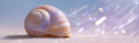 natural seashell showing intricate ridges and patterns on smooth beach sand with subtle bokeh lighting.の素材