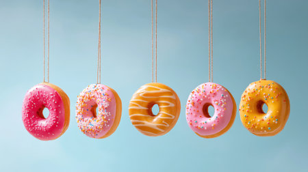 five colorful donuts with icing and sprinkles hanging on strings over pastel blue background.の素材