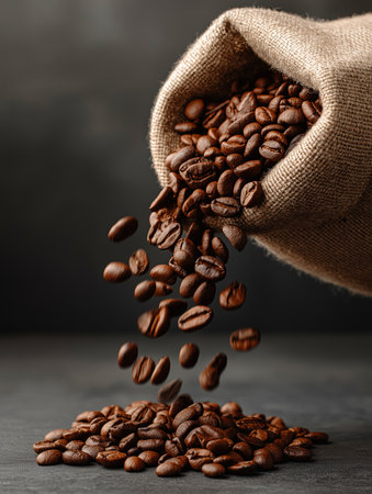Roasted coffee beans are poured out of a canvas bag onto a dark surface.の素材