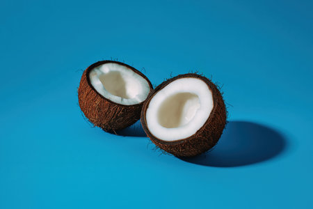 tropical coconut split in half on a vibrant blue background in natural lightの素材