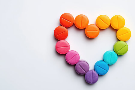 colorful medical tablets arranged in heart shape on white background, symbolizing health and careの素材