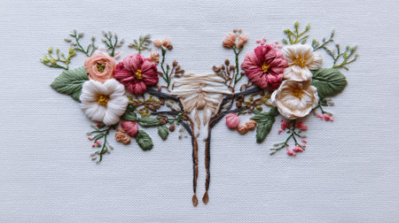 Artistic anatomical illustration of uterus and ovaries made of embroidered threads and flowers, white canvas backgroundの素材