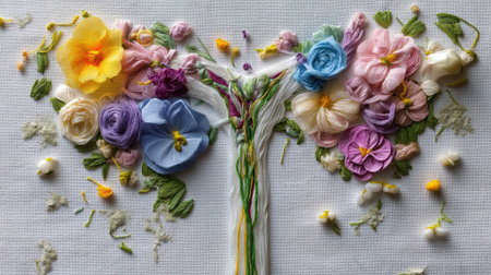 Artistic anatomical illustration of uterus and ovaries made of embroidered threads and flowers, white canvas backgroundの素材