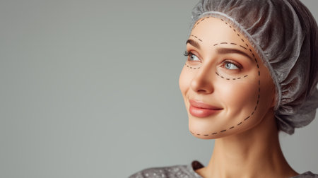 Close-up of woman's face with dotted surgical lines, wearing headband and medical gown, smiling softly,の素材
