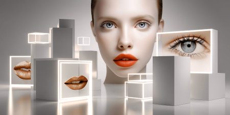 woman s face with virtual overlay highlighting lips and facial features, symbolizing modern cosmetic analysisの素材